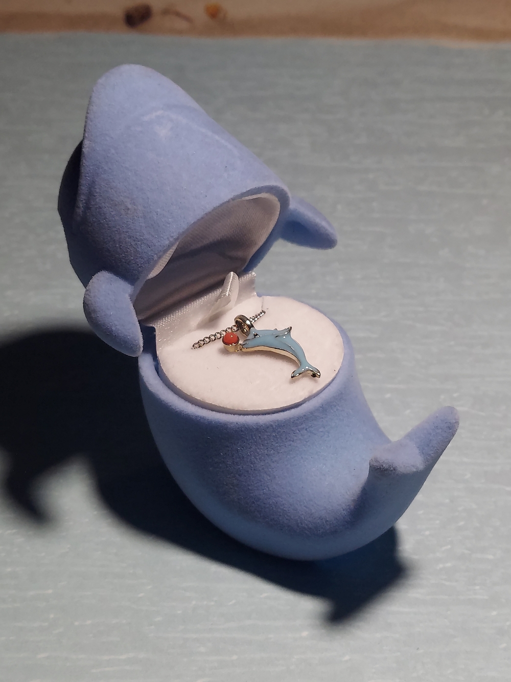 Vintage Blue Enamel Dolphin Necklace with Whale Box